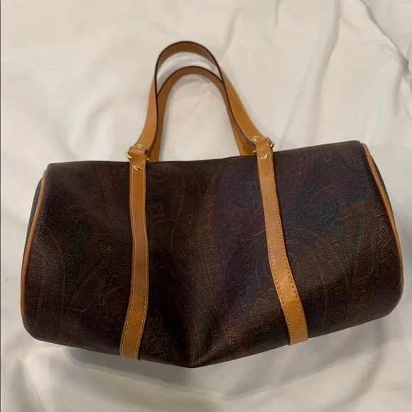 Etro Dark Brown Barrel Duffel with Tan Leather Trim
